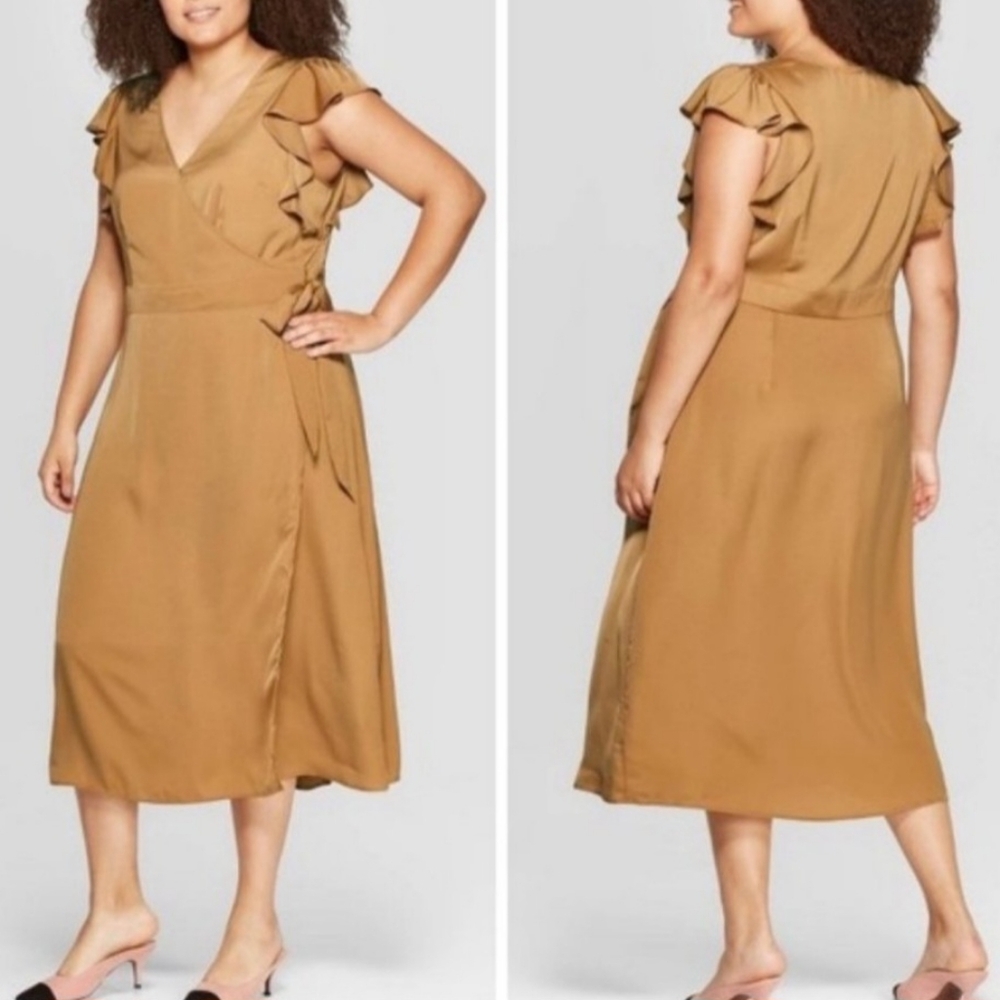 Who What Wear Target Midi Plus Dress Wrap Gold Satin 2XL Ruffle